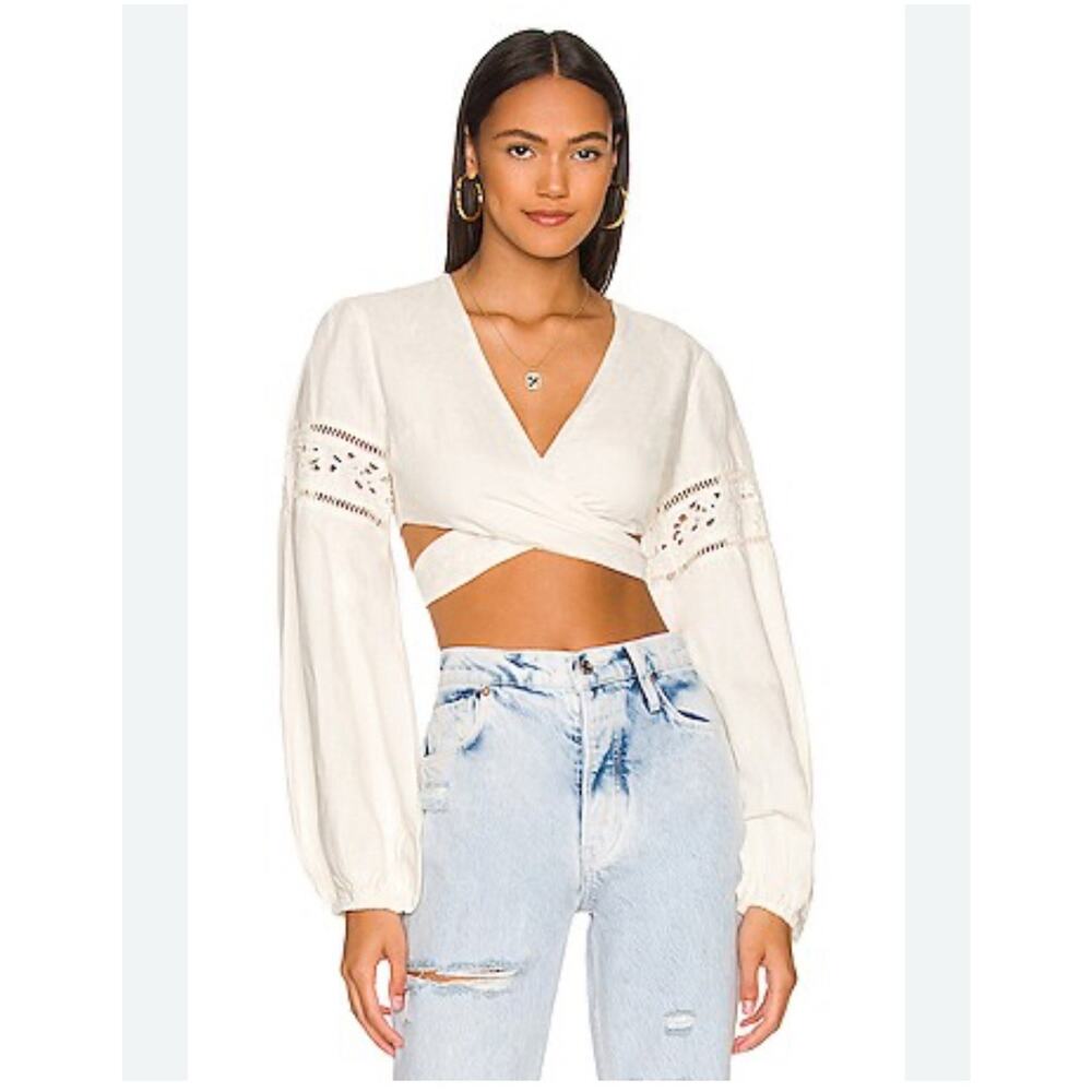 Tularosa Liz Wrap Crop Top Lace Ballon Sleeves In White Linen Boho Whimsical S